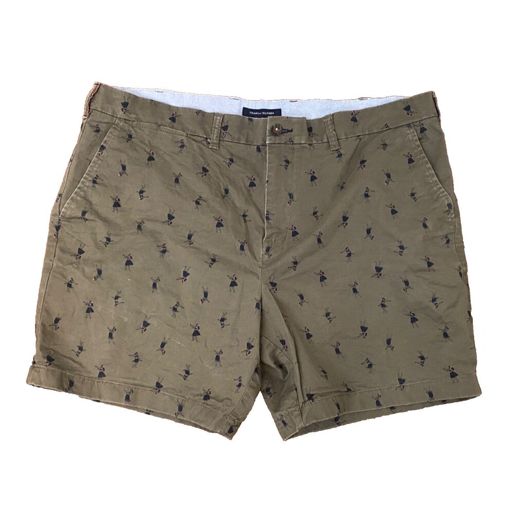 Tommy Hilfiger Men's Shorts Size 42 Army Green Hula Girl Graphics Cotton Chino